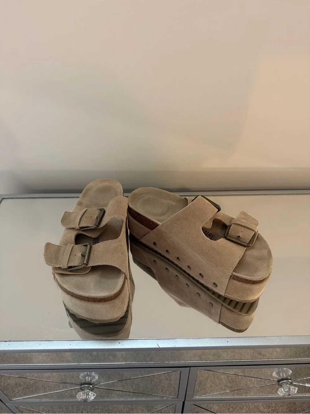 Women’s Suede Double-Buckle Platform Sandals — Taupe